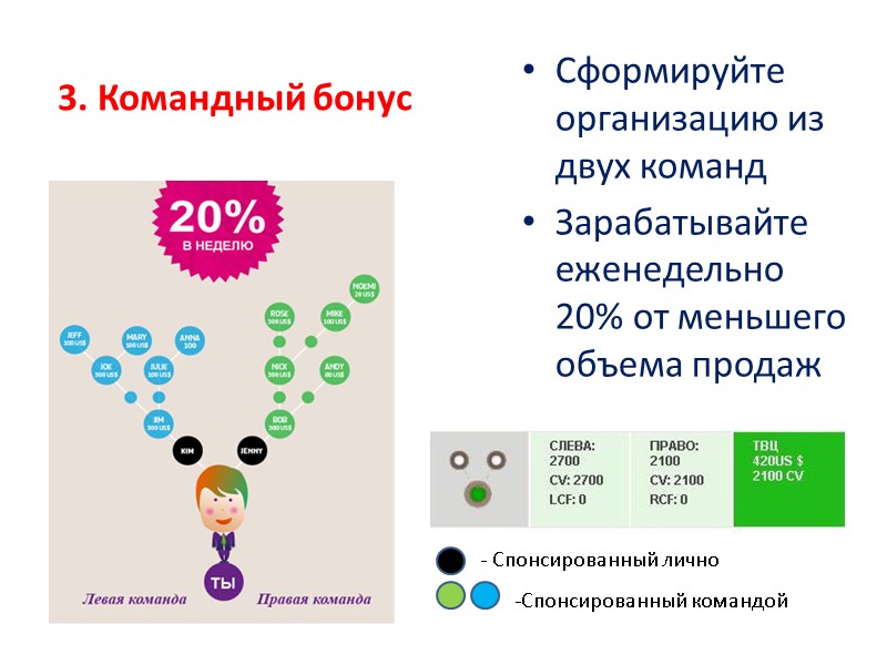 3. Командный бонус Сформируйте организацию из двух команд Зарабатывайте еженедельно 20% от меньшего объема